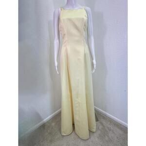 Alfred Angelo Sz 8 Butter Yellow Satin Dress Formal Fit + Flare Deep Scoop Back